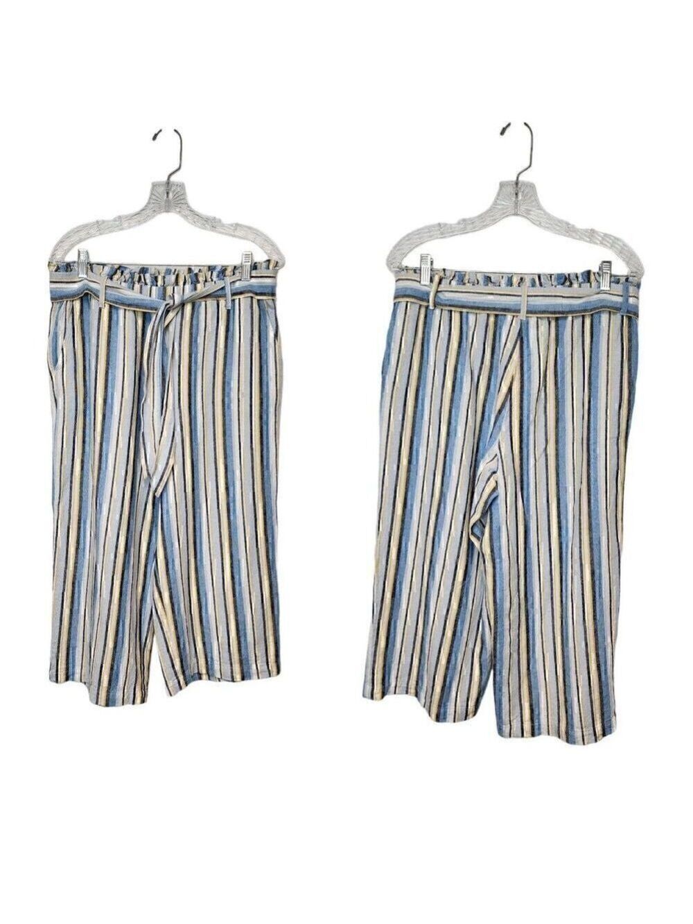 Fever Womens Wide Leg Paperbag Elastic Waist Multicor Blue Stripe Pants …
